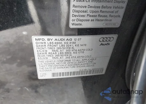 2008 Audi Q7 4.2 Premium z USA, uszkodzony, nr VIN WA1BV74L68D043361